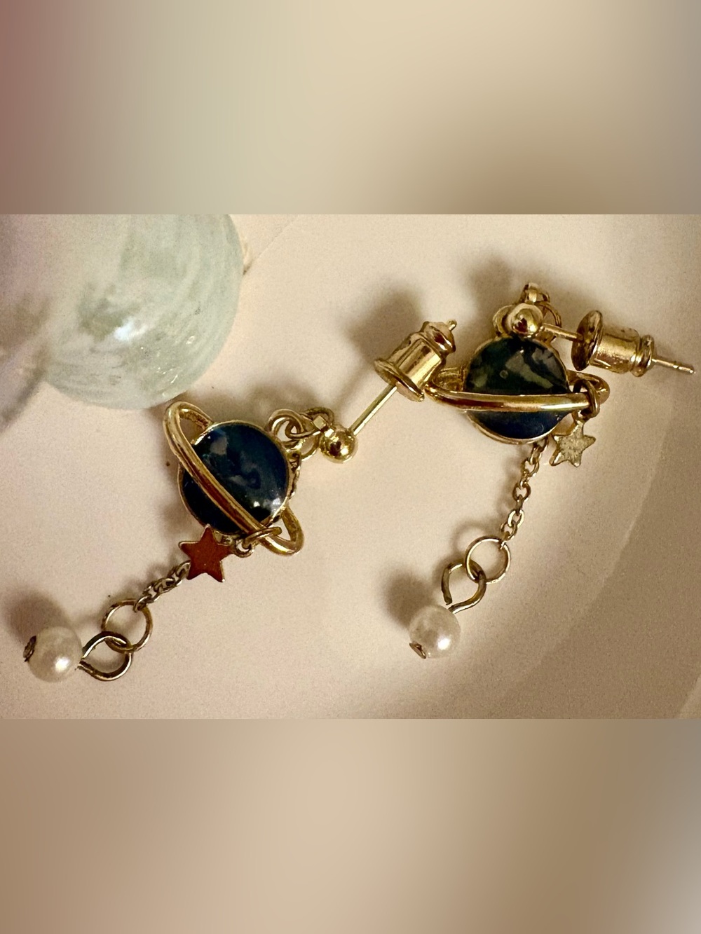 Gold Plated Blue Planet Dangle Earrings with Star Accent